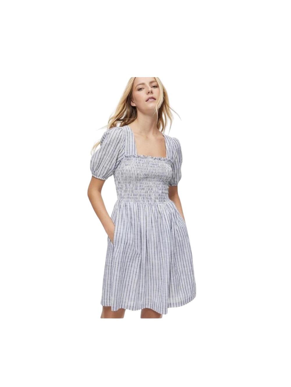 Michael Stars Smocked Mini Dress XL Striped Puff Sleeve Square Babydoll Summer